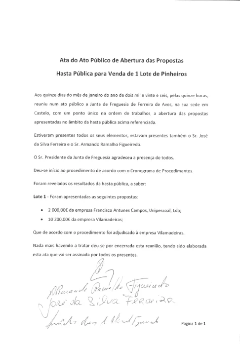 Hasta Pública para Venda de 1 Lote de Pinheiros