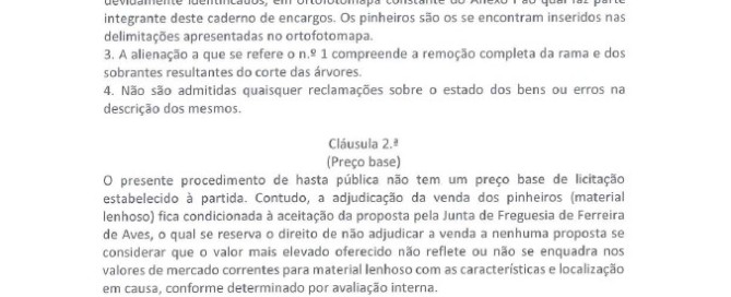 Caderno de Encargos - Hasta pública de alienação de sete lotes de pinheiros sitos na Freguesia de Ferreira de Aves
