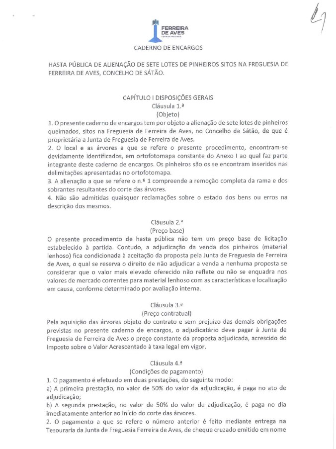 Caderno de Encargos - Hasta pública de alienação de sete lotes de pinheiros sitos na Freguesia de Ferreira de Aves