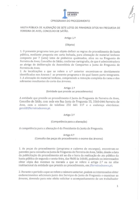 Cronograma do Procedimento - Hasta pública de alienação de sete lotes de pinheiros sitos na Freguesia de Ferreira de Aves