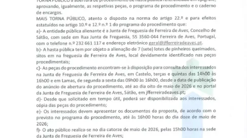 Edital hasta pública de alienação de sete lotes de pinheiros sitos na Freguesia de Ferreira de Aves - 14-05-2026