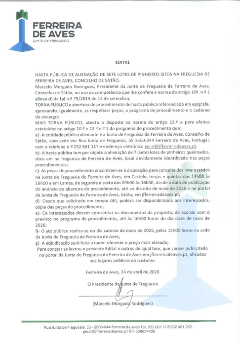 Edital hasta pública de alienação de sete lotes de pinheiros sitos na Freguesia de Ferreira de Aves - 14-05-2026